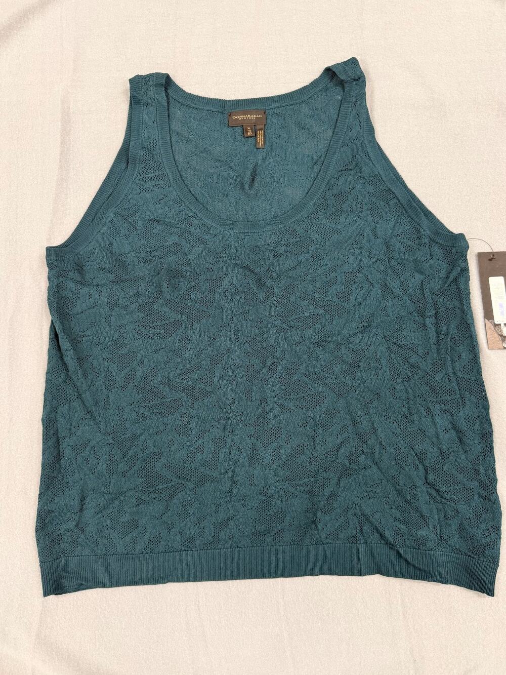 Donna Karan New York Tank Top Womens XL Teal Crochet Sleeveless Minimalist NWT